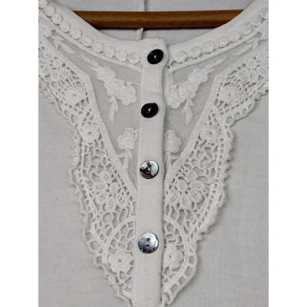 Olsenboye Women's White Lace Trim Short Sleeve Scoop Neck Boho Top XS USED - Picture 3 of 6